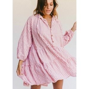 The Lullaby Club Avalon Smock Shift Dress Check Gingham Long Sleeve Size M/L